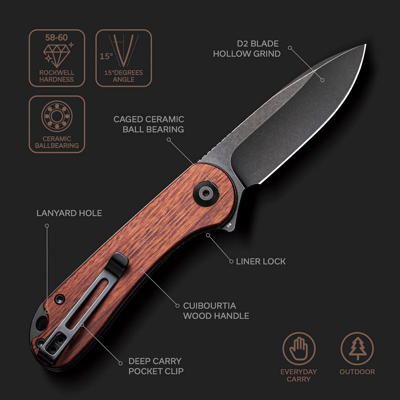 CIVIVI Elementum Pocket Knife, Folding Knife for EDC with 2.96" D2 Black Stonewashed Blade Cuibourtia Wood Handle